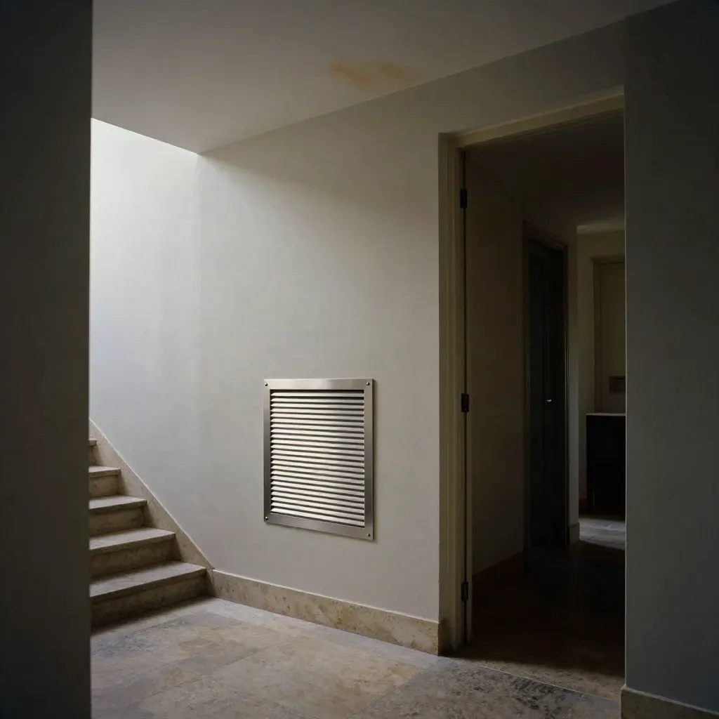 Open appartementdeur naar gedeelde gang met ventilatierooster en lichte vlek in het plafond.