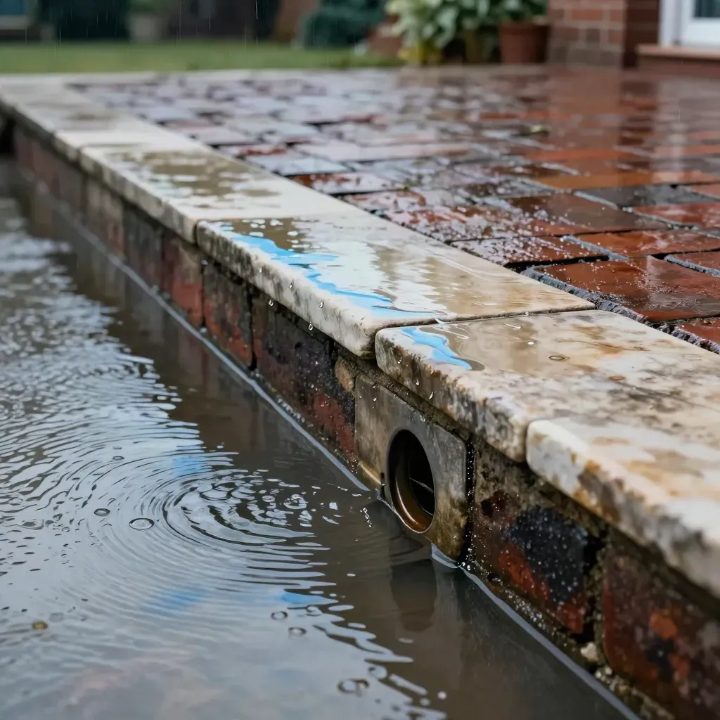 Nat terras met afstromend regenwater, vochtige bakstenen muur en een putje dat leegloopt.
